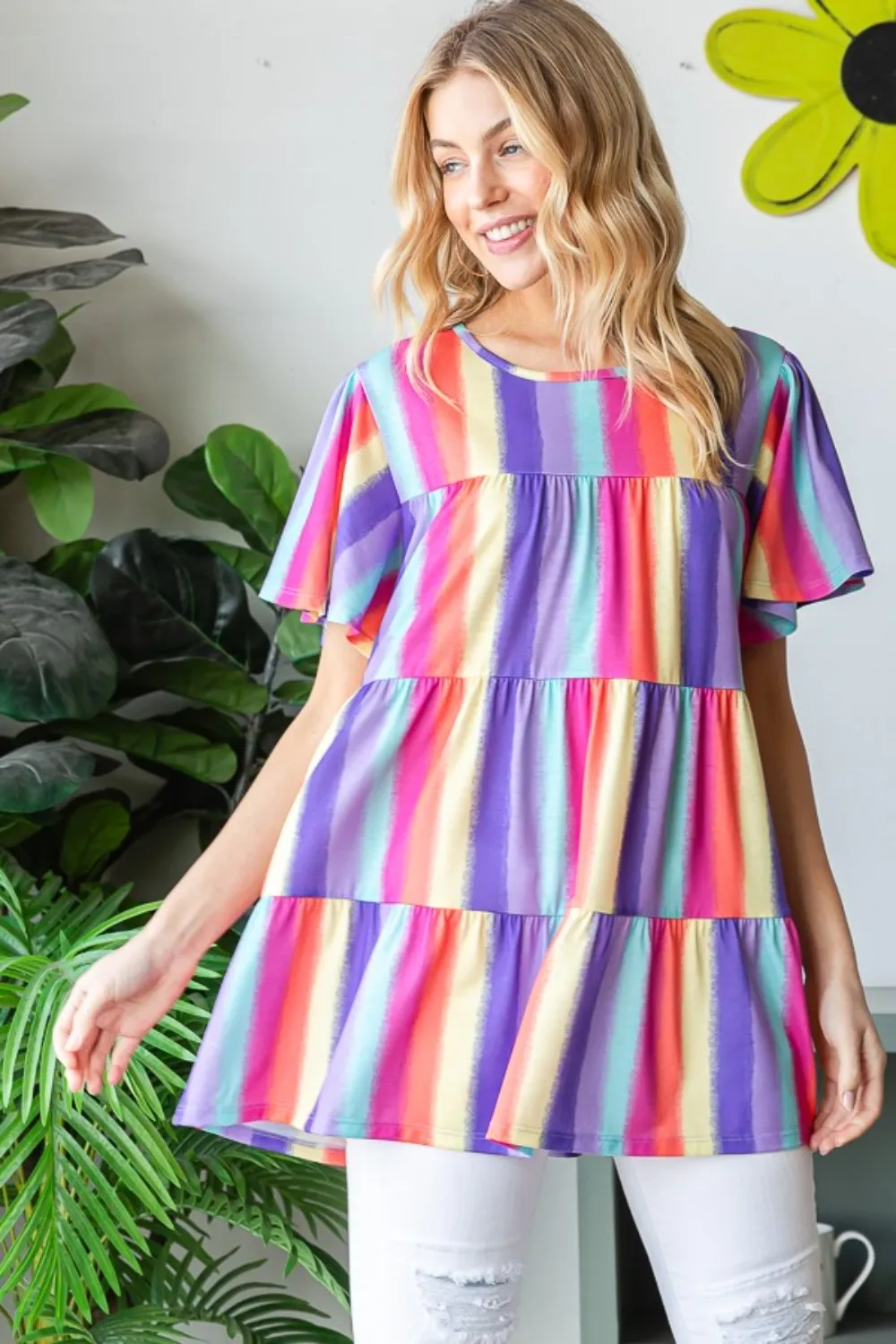 Full Size Short Sleeve Striped Tiered Top, image 4