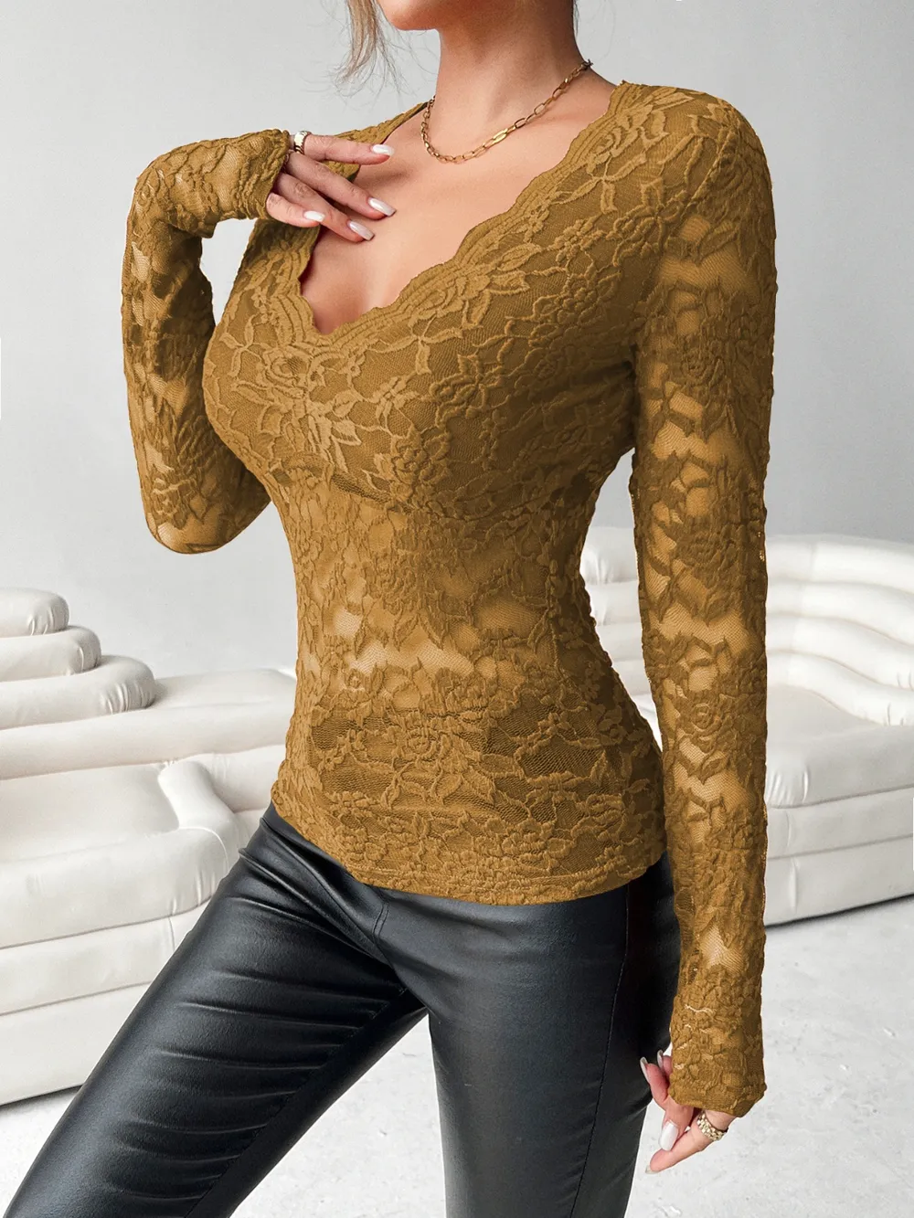 V-Neck Long Sleeve Lace Top, image 5