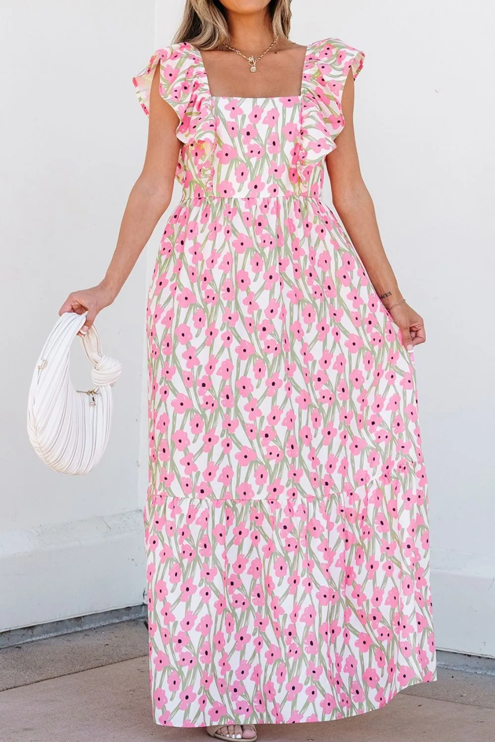 Floral Print Square Neck Ruffled Cap Sleeve Maxi Dress, image 3