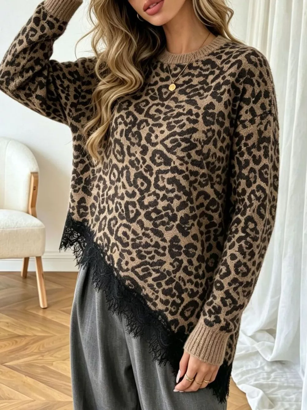 Round Neck Sweater with Asymmetric Lace Hem, image 11