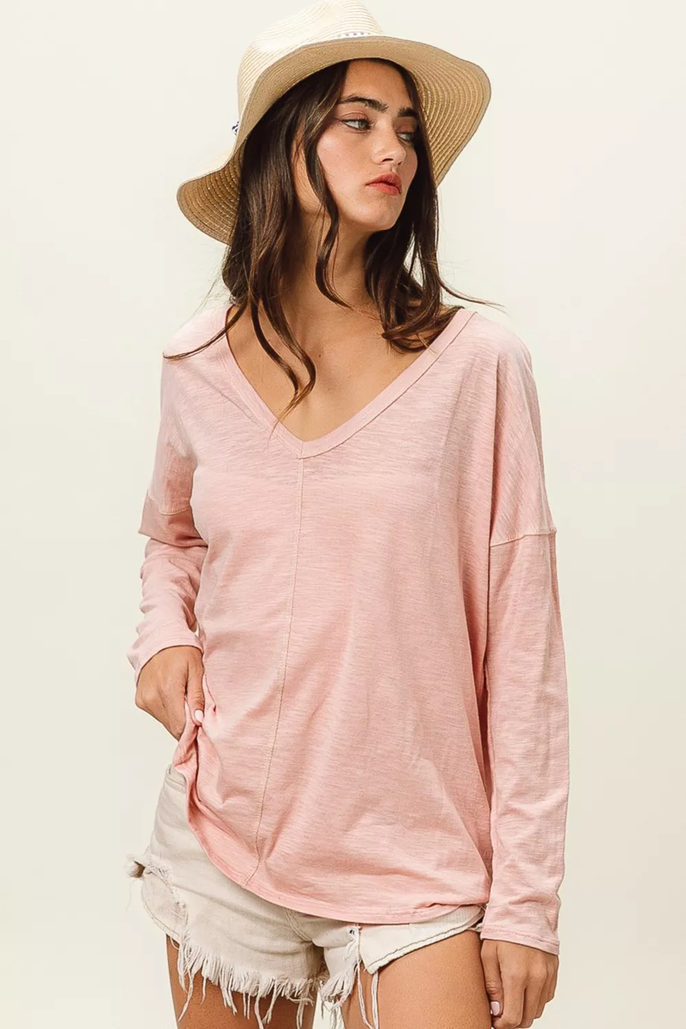 Exposed Seam V-Neck Long Sleeve T-Shirt, image 5
