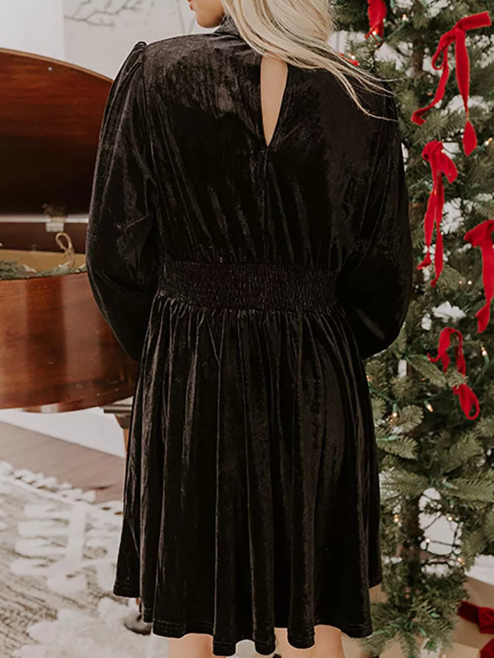 Velvet Mock Neck Balloon Sleeve Dress, image 9
