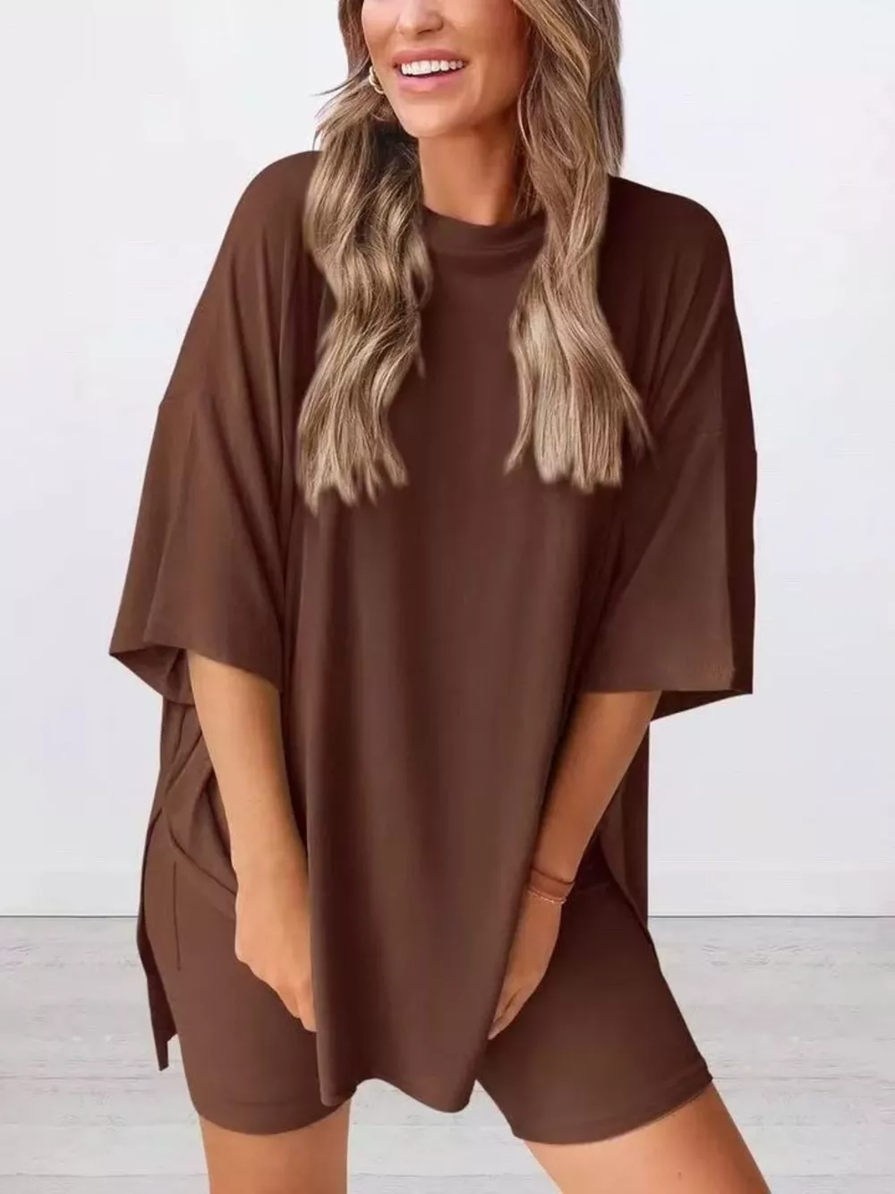 Full Size Relaxed Fit Round Neck Top and Shorts Two-Piece Set Plus Size, image 2