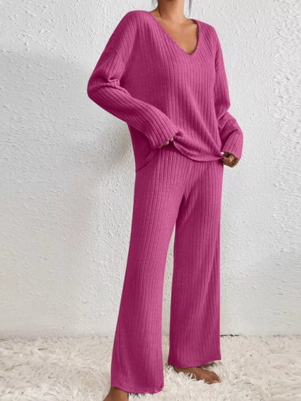 Ribbed V-Neck Top and Pants Set, image 3