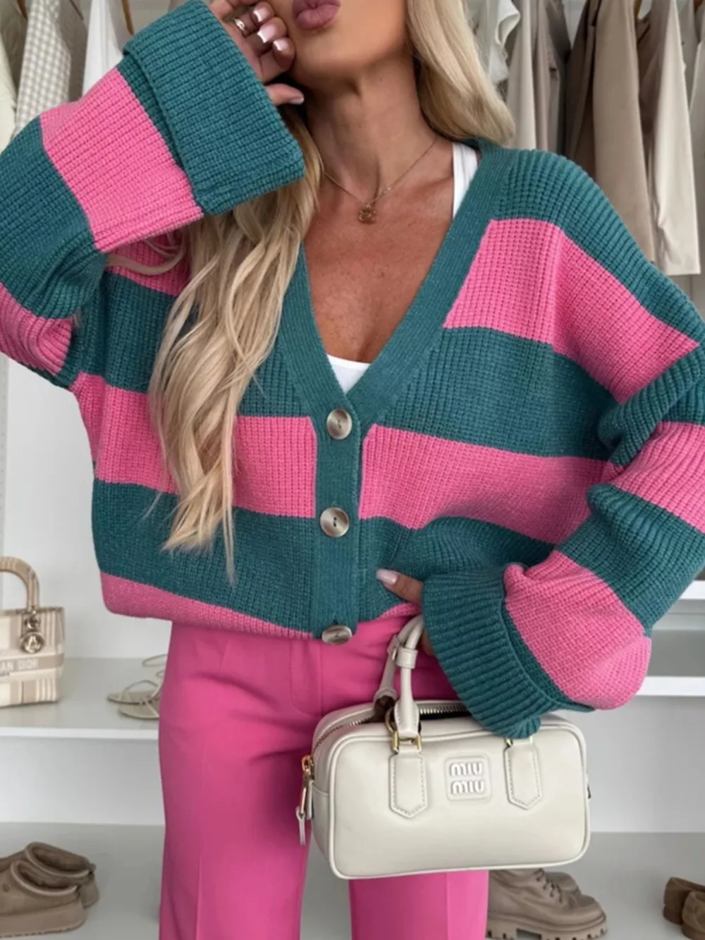 Color Block Striped V-Neck Button Front Cardigan, image 2