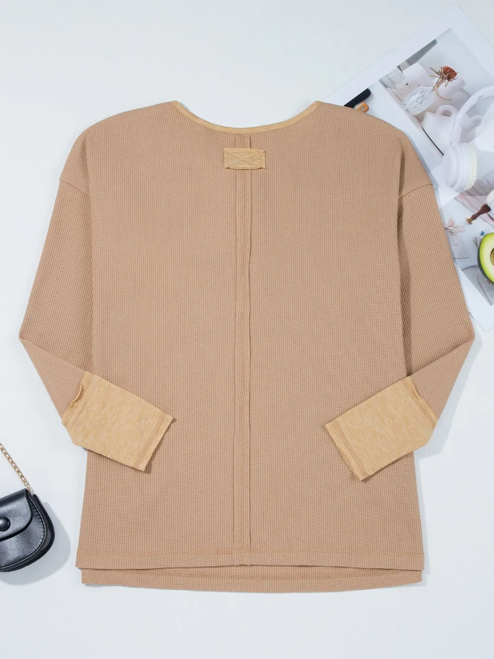 Waffle Textured Tunic Henley Top with Slits, image 2