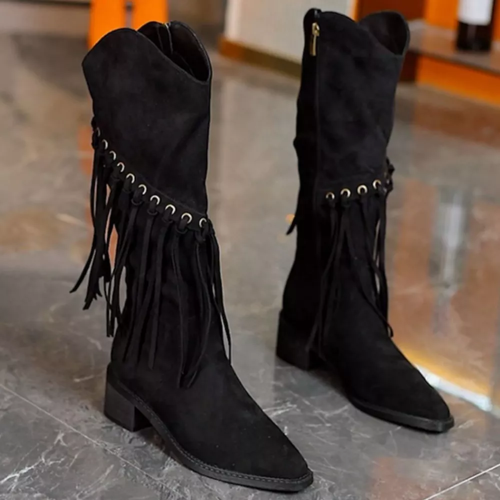 Fringed Point Toe Block Heel Boots, image 7