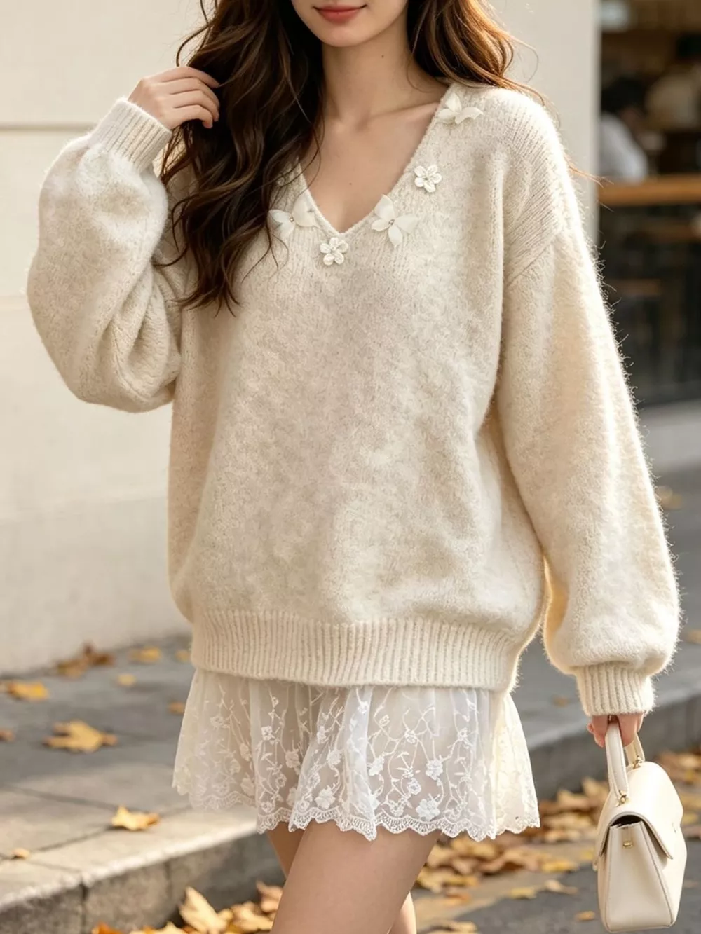 V-Neck Floral Applique Lace Hem Sweater, image 8