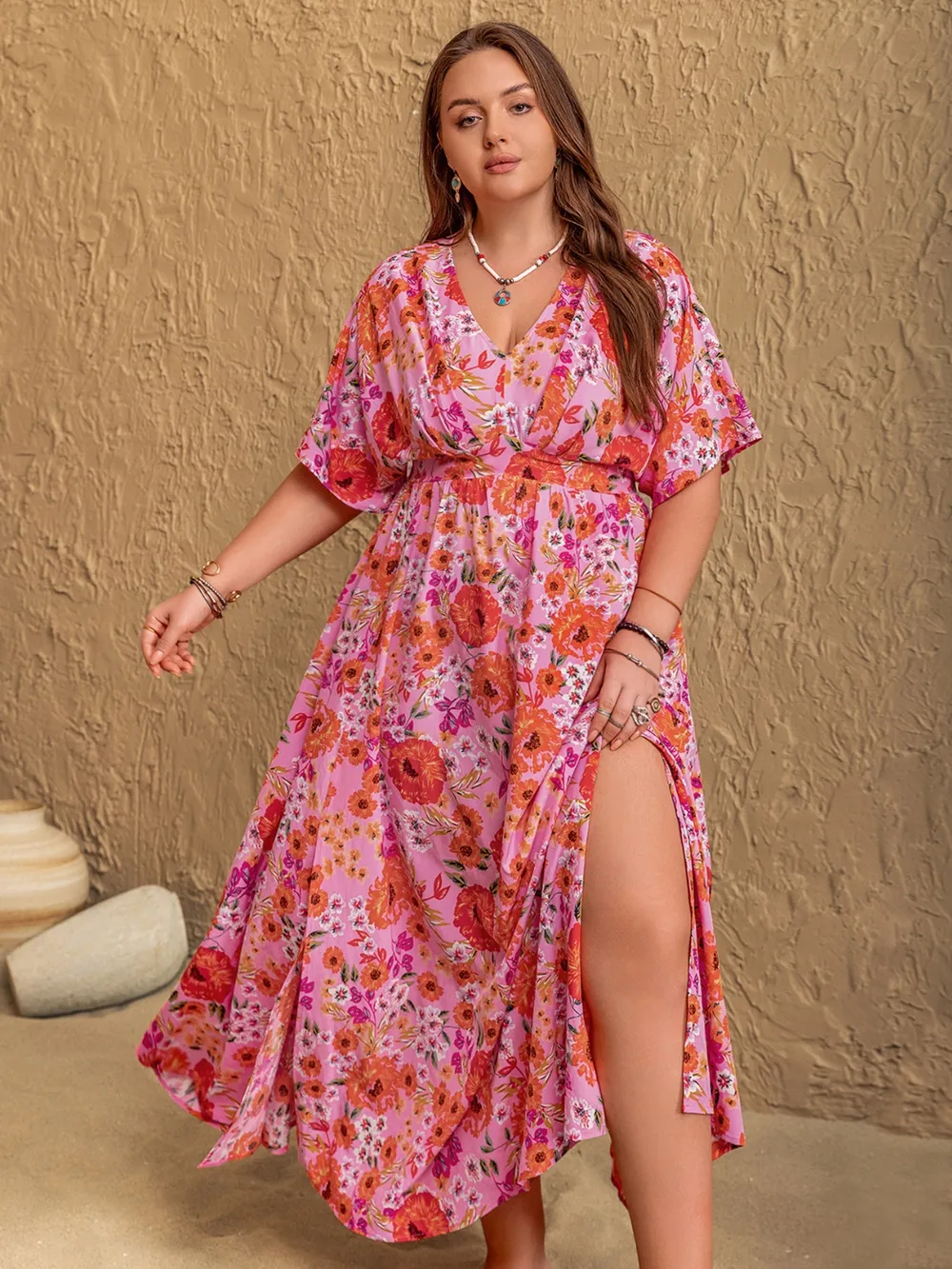 Plus Size Slit Floral V-Neck Half Sleeve Maxi Dress, image 2