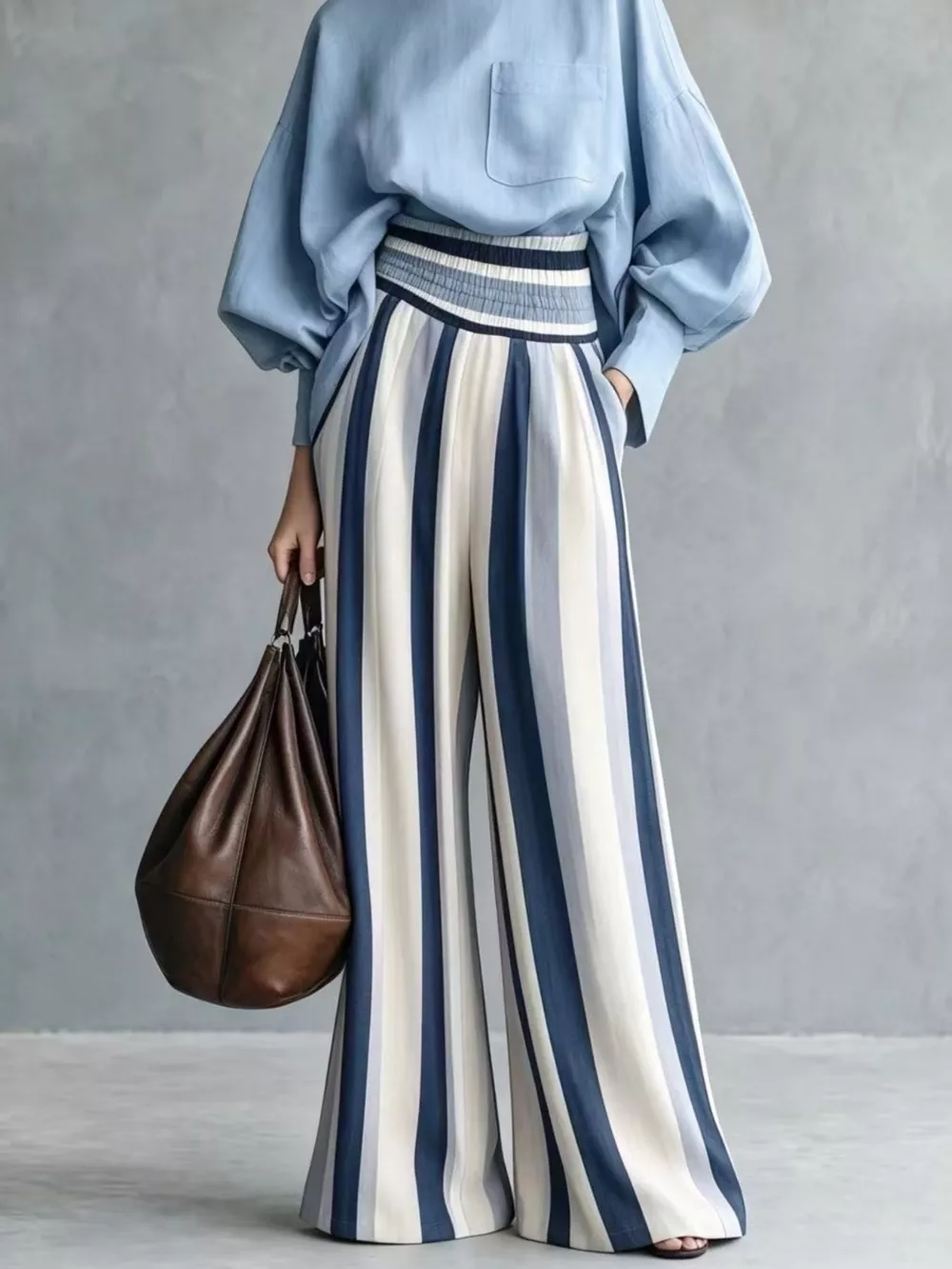 Full Size Mock Neck Top and Striped Wide-Leg Pants Set Plus Size, image 6