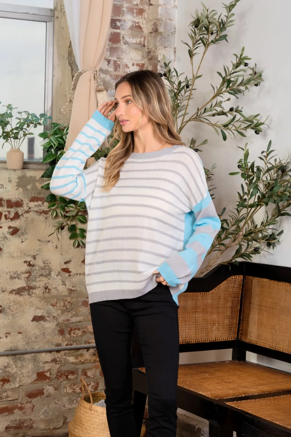 Full Size Striped Dropped Shoulder Sweater, image 3