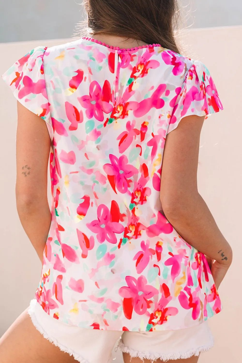 Floral Print Ruffle Sleeve Round Neck Blouse, image 4