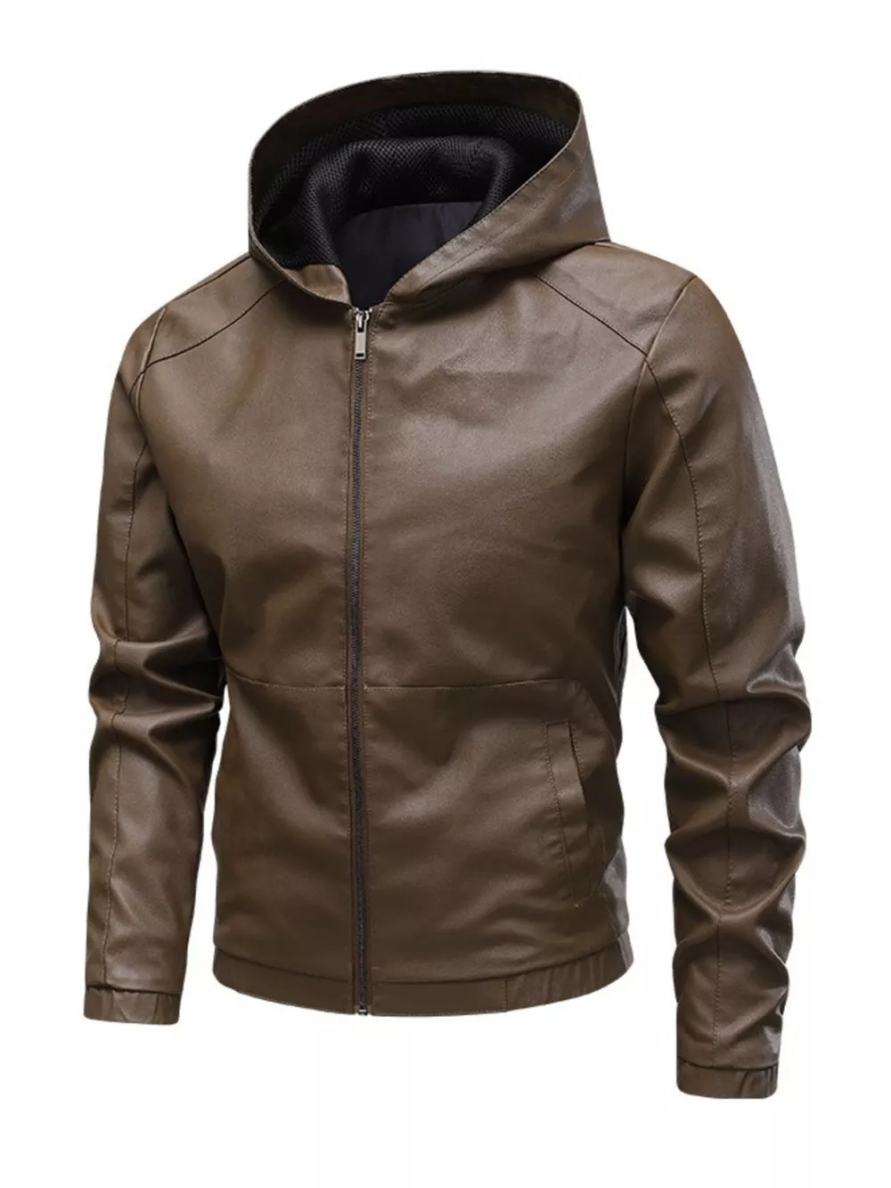 Men's Hooded Faux Leather Moto Jacket, image 2