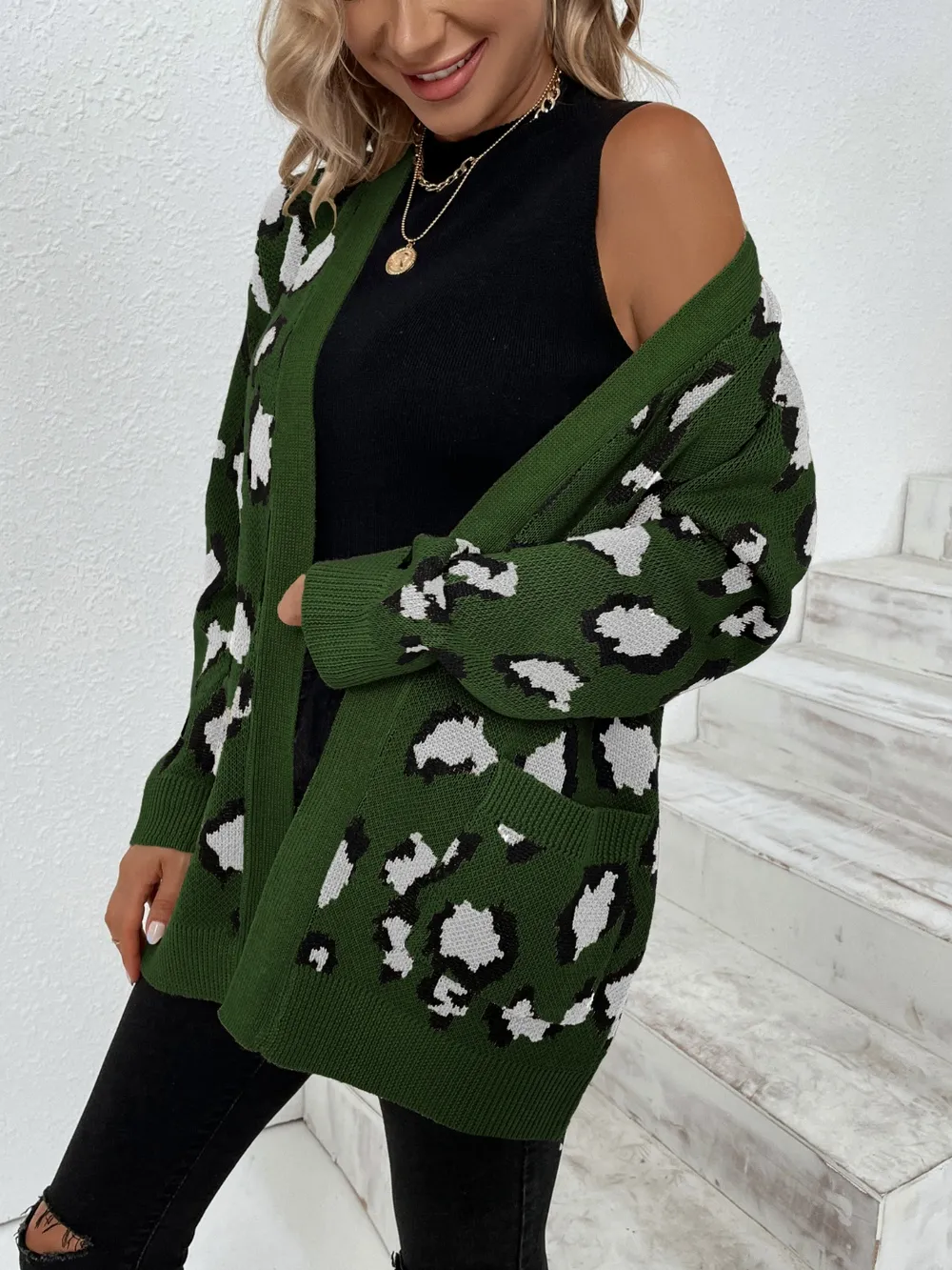 Leopard Open Front Dropped Shoulder Cardigan, image 3