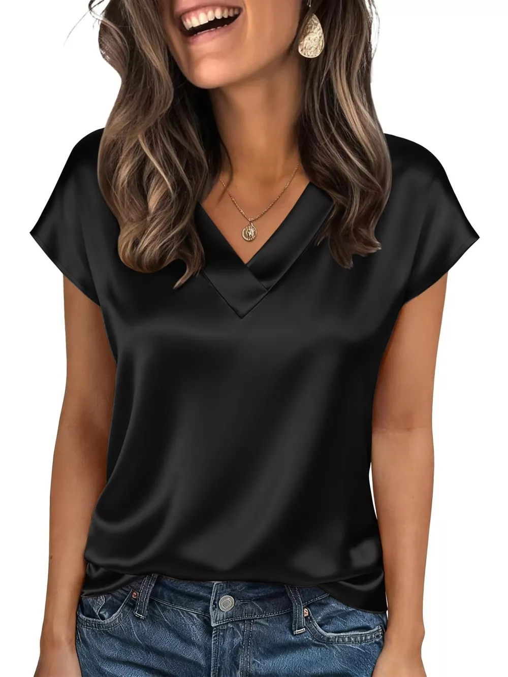 Satin V-Neck Cap Sleeve Blouse