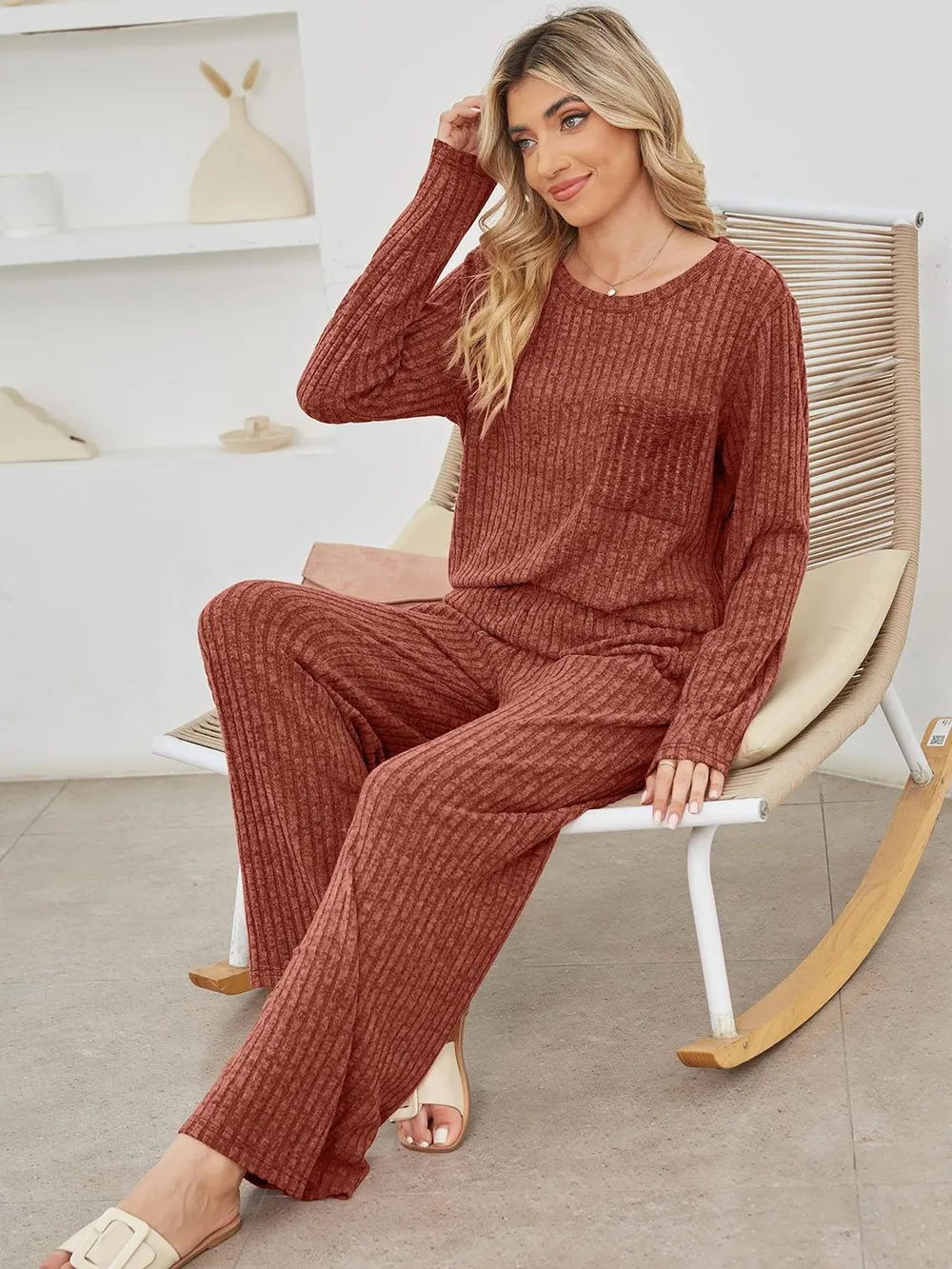 Round Neck Long Sleeve Top and Pants Set, image 8