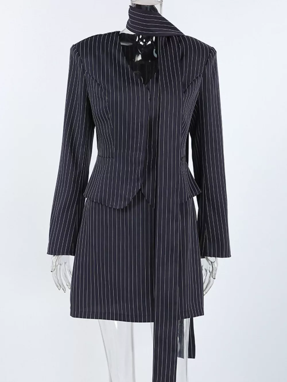 Striped Blazer & Mini Skirt Set with Neck Tie, image 2