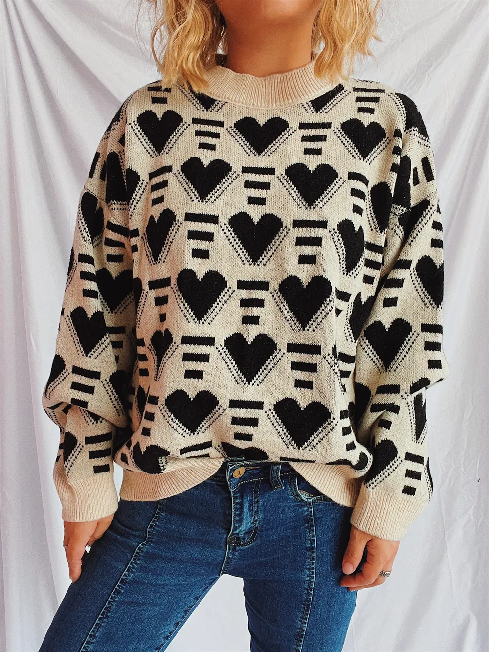 Heart Contrast Long Sleeve Dropped Shoulder Sweater, image 29