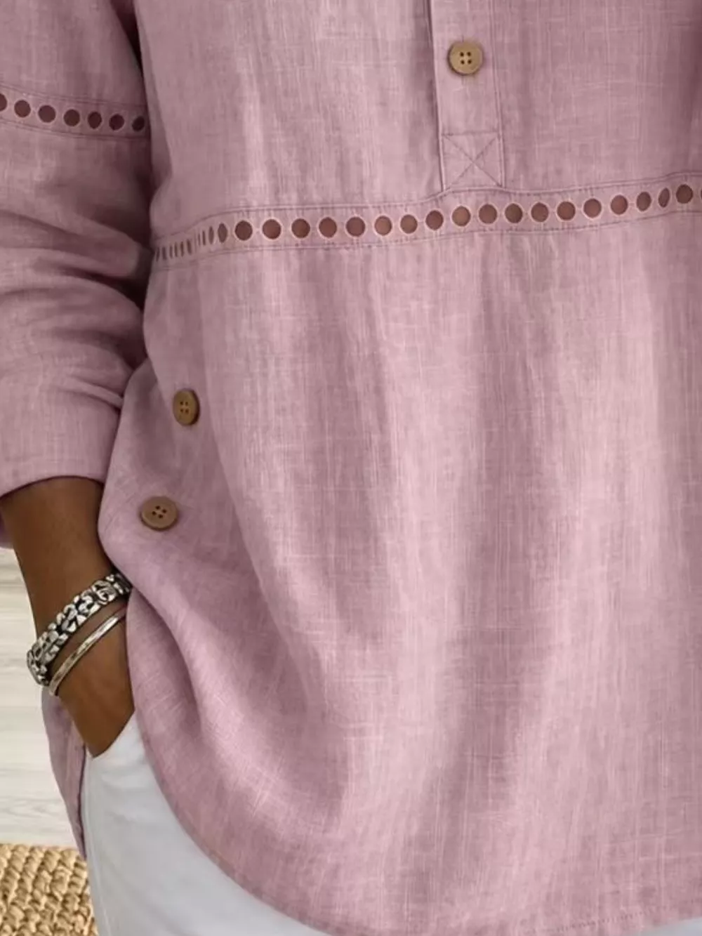 Full Size Button Detail Eyelet Long Sleeve Blouse Plus Size, image 13