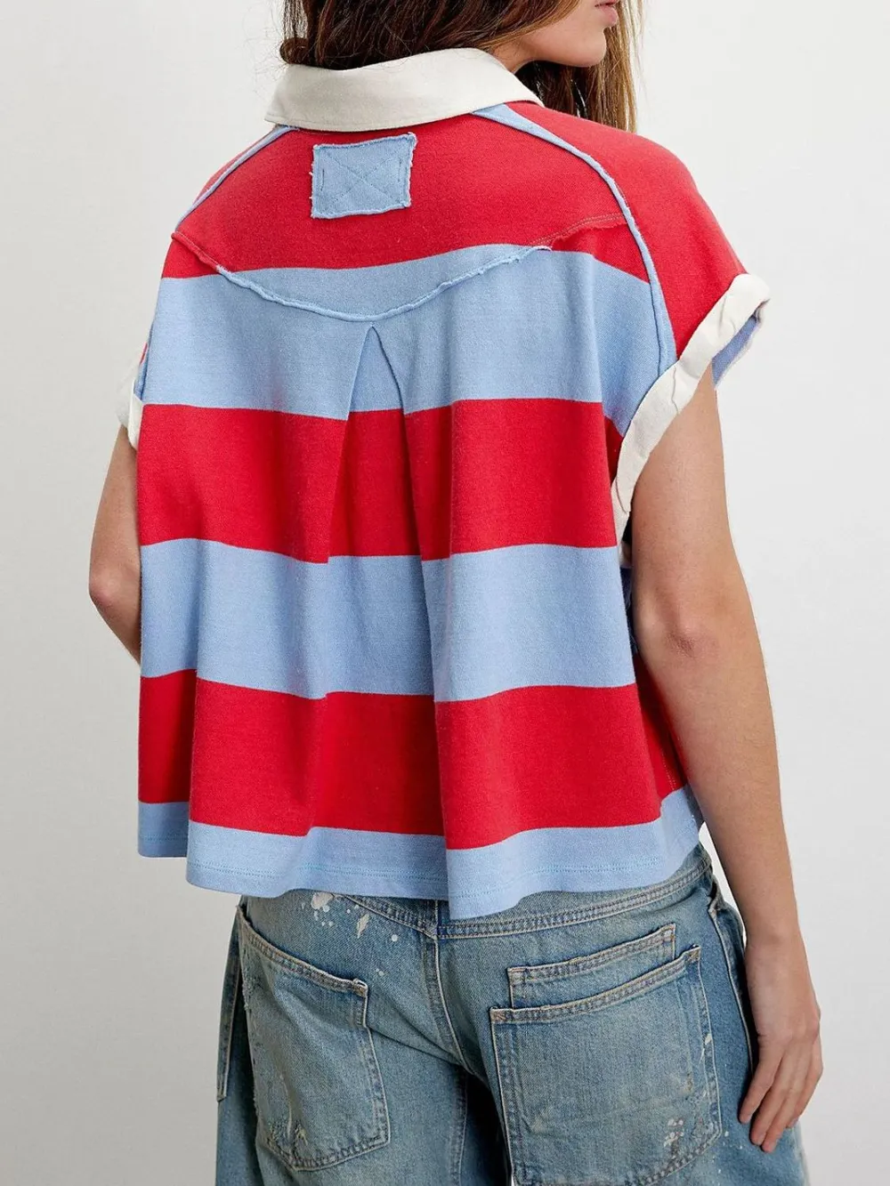 Striped Collared Neck Short Sleeve Top, image 2