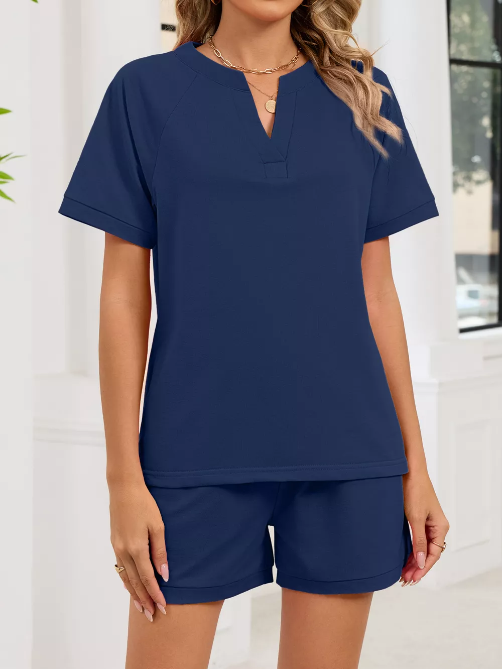 Notched Short Sleeve Top and Shorts Set, image 3