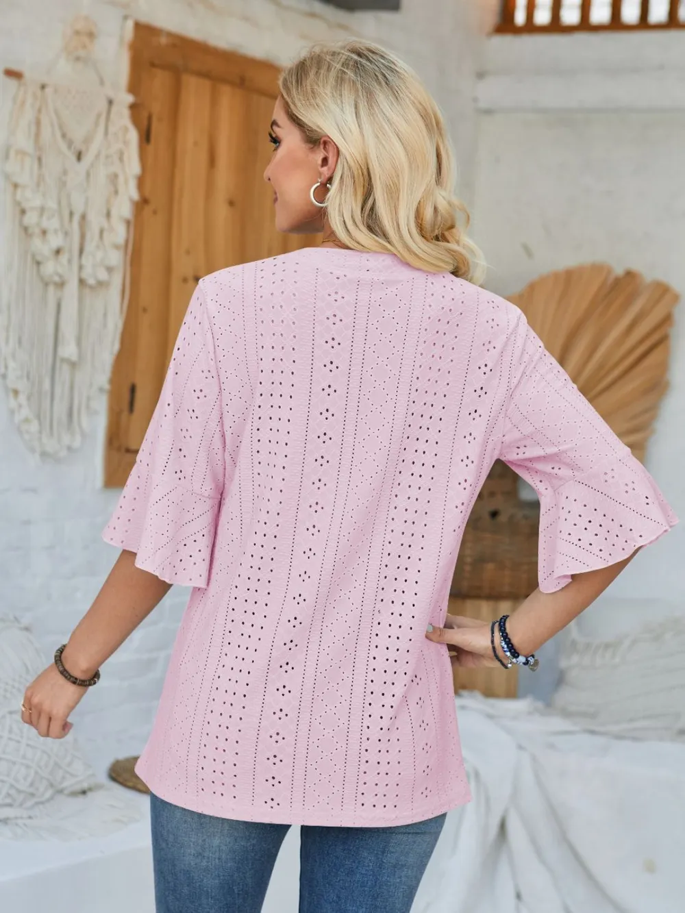 Eyelet Notched Half Sleeve T-Shirt, image 10