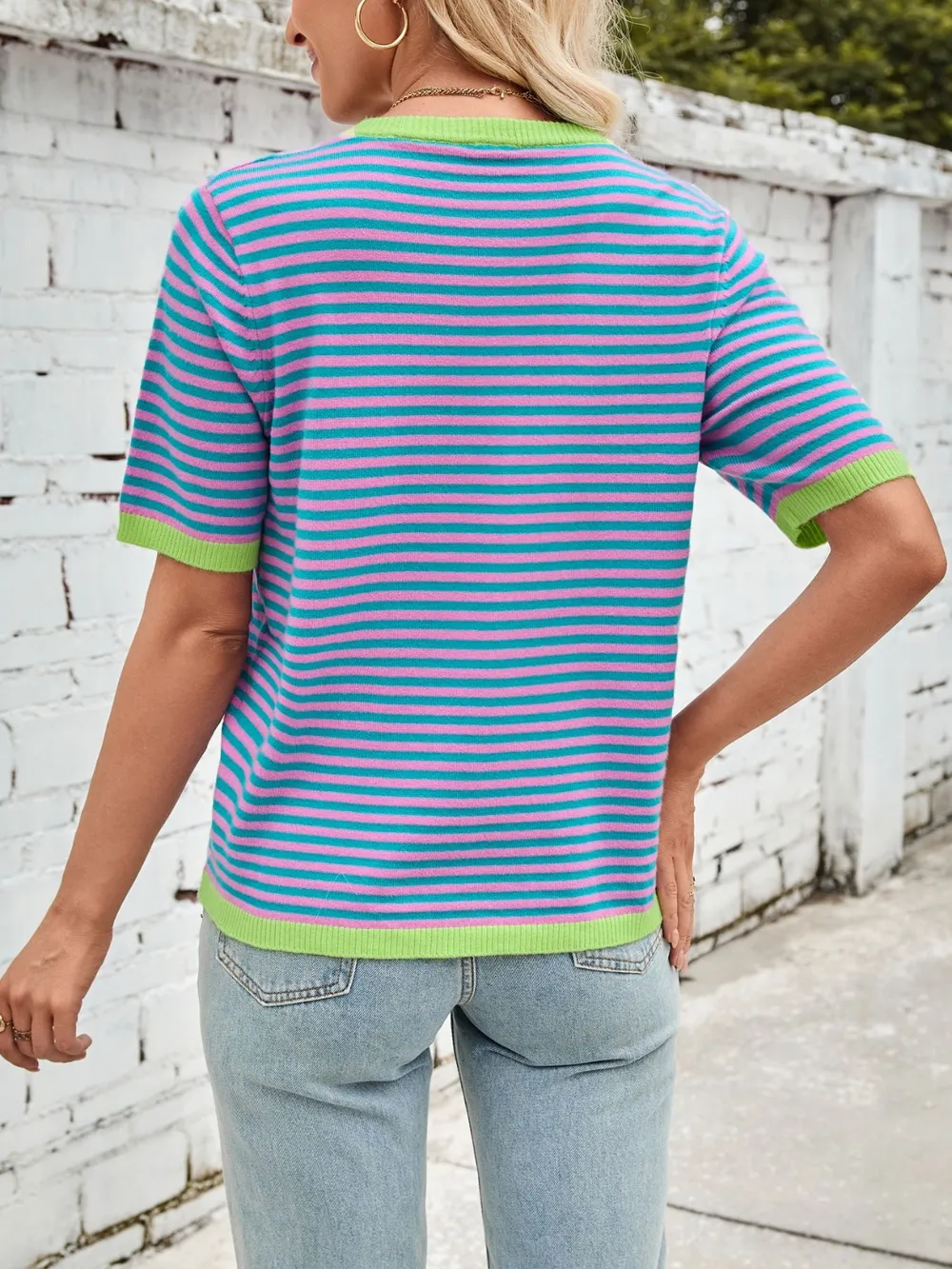 Striped Contrast Round Neck Half Sleeve Knit Top, image 9