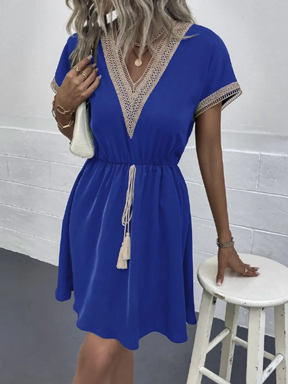Full Size Tassel V-Neck Short Sleeve Dress Plus Size, image 2