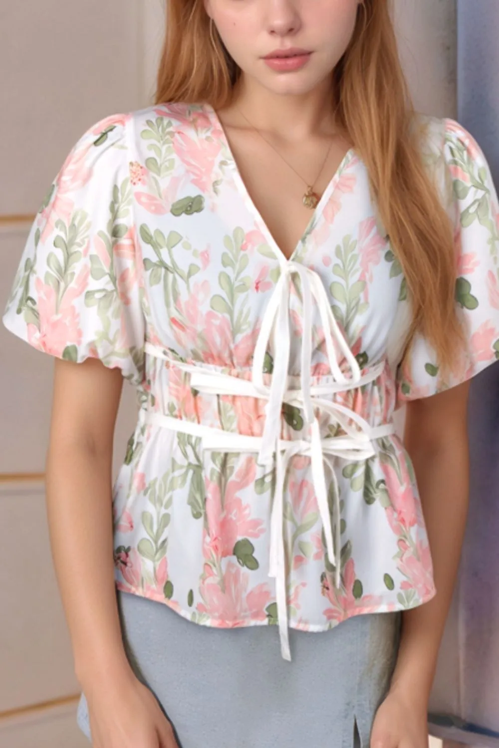 Tied Printed Short Sleeve Blouse