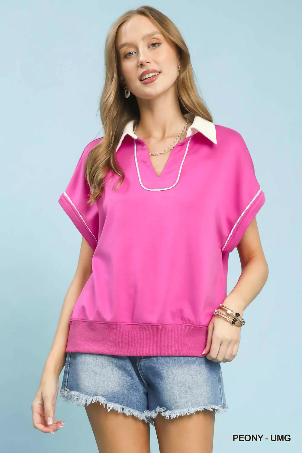 Contrast Collar Soft Knit Polo Top