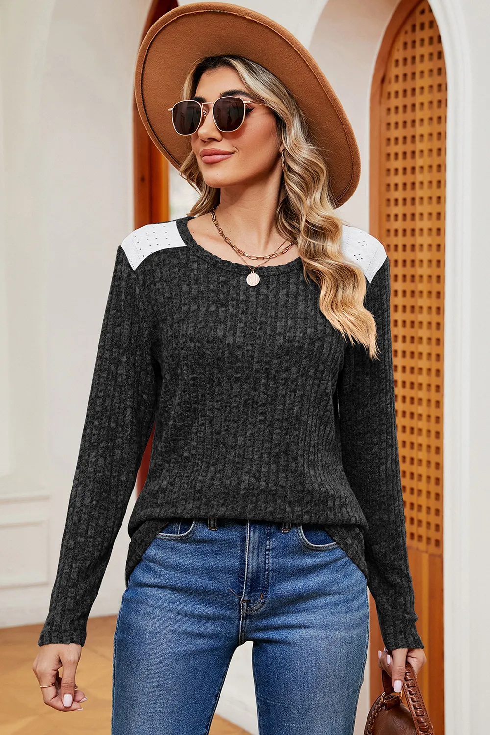 Eyelet Ribbed Round Neck Long Sleeve T-Shirt, image 7