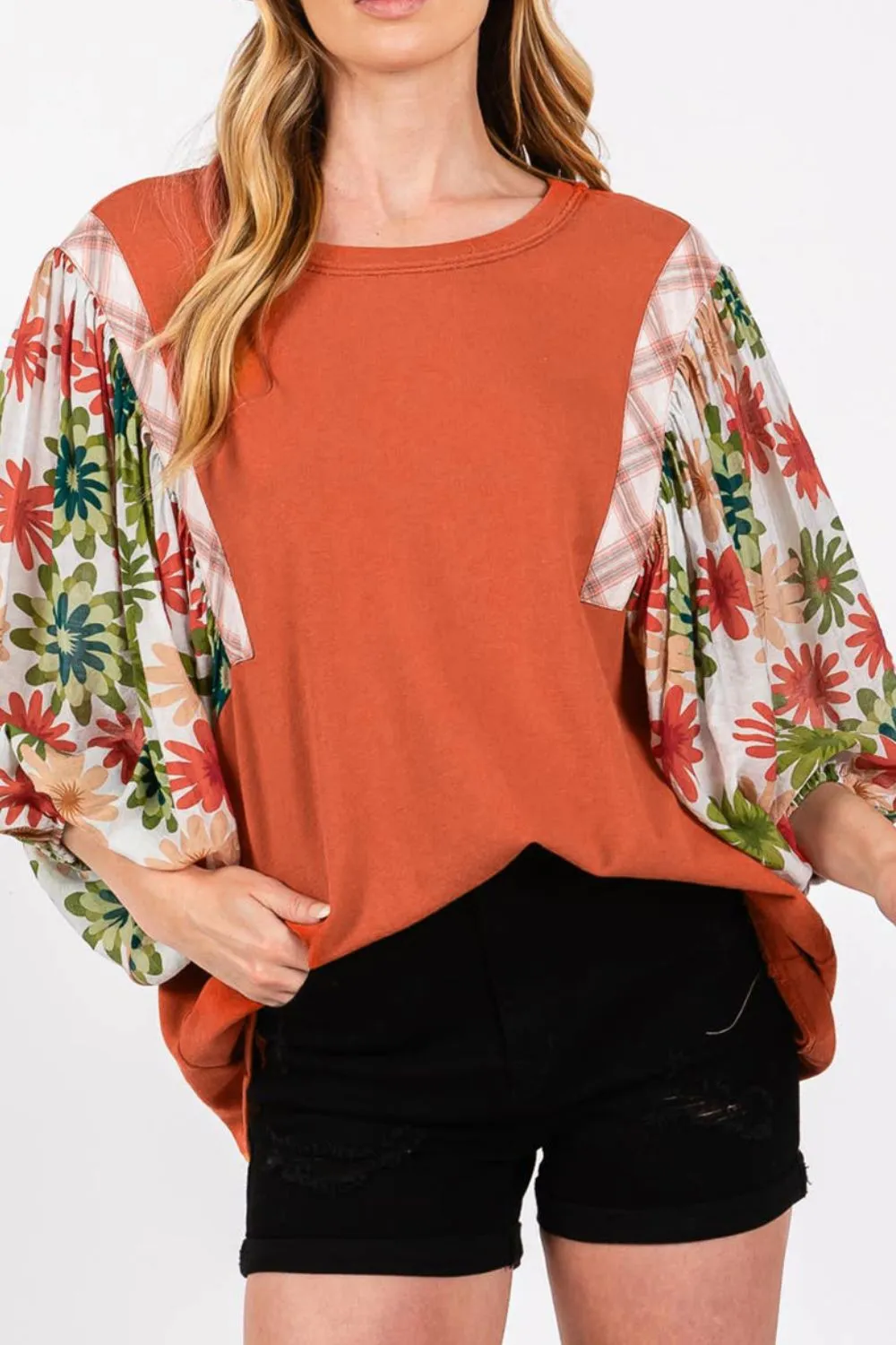Printed Round Neck Balloon Sleeve Blouse, image 4
