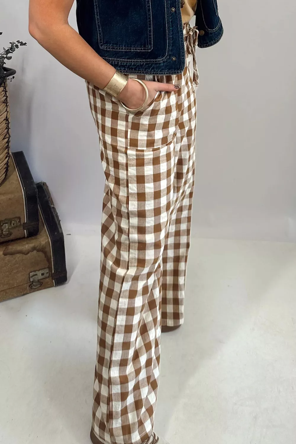 Gingham Plaid Tie Elastic Waist Shift Pants, image 3