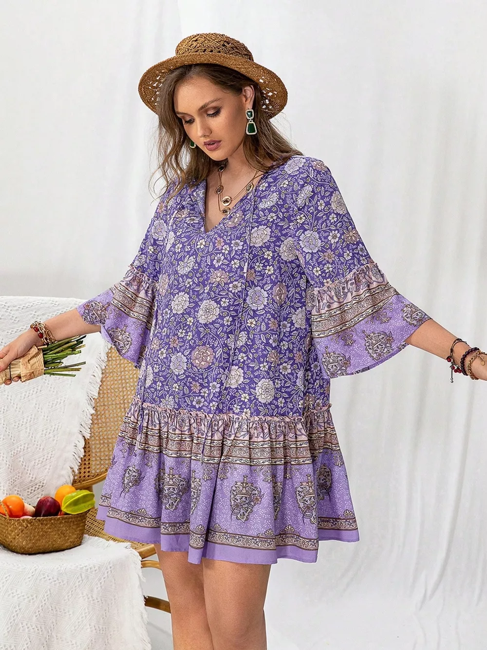 Plus Size Floral Print Ruffle Hem Mini Dress