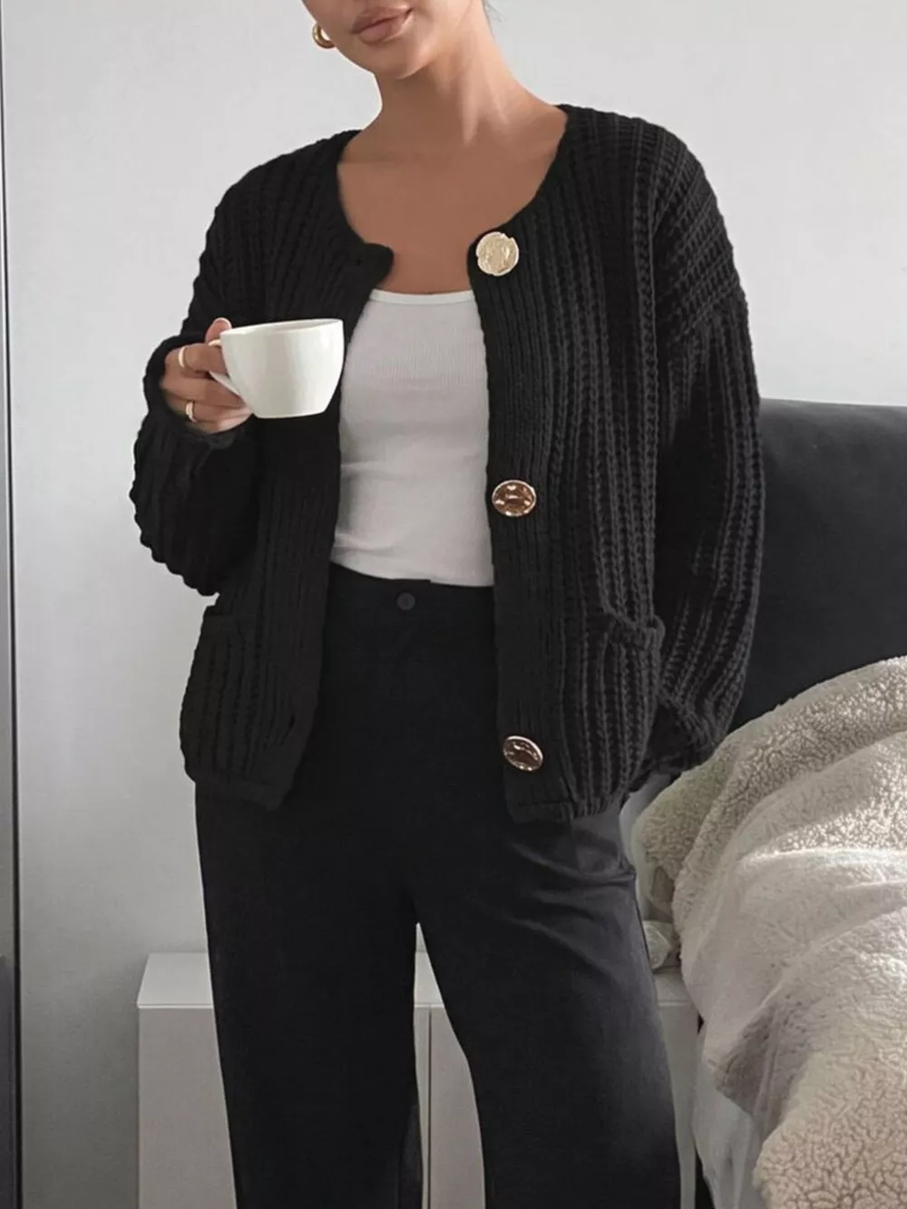 Ribbed Knit Cardigan with Gold-Tone Buttons, image 13
