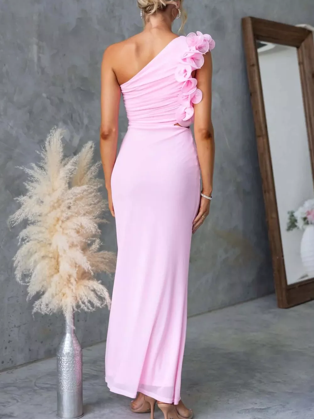 One-Shoulder Floral Trim Sleeveless Maxi Dress, image 5
