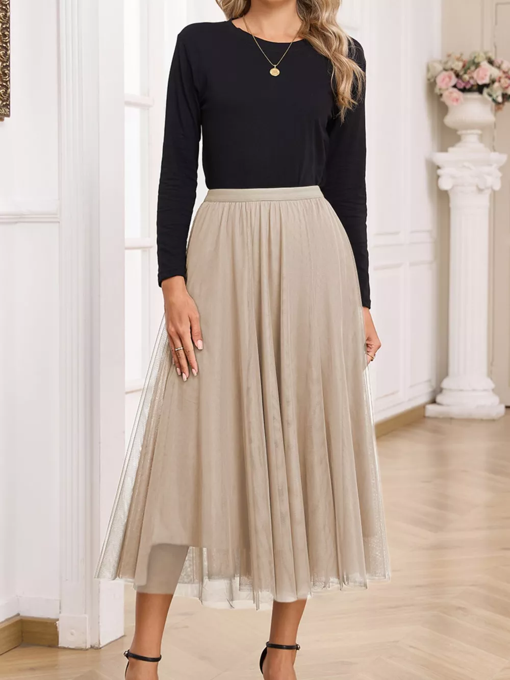 Tulle Mesh Overlay Flared Midi Skirt, image 5