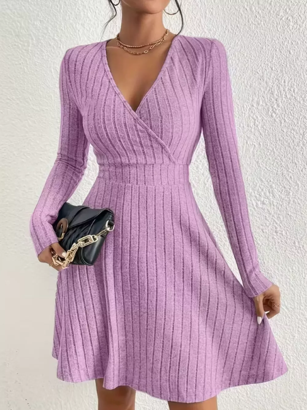 Ribbed Knit Wrap Mini Dress, image 3