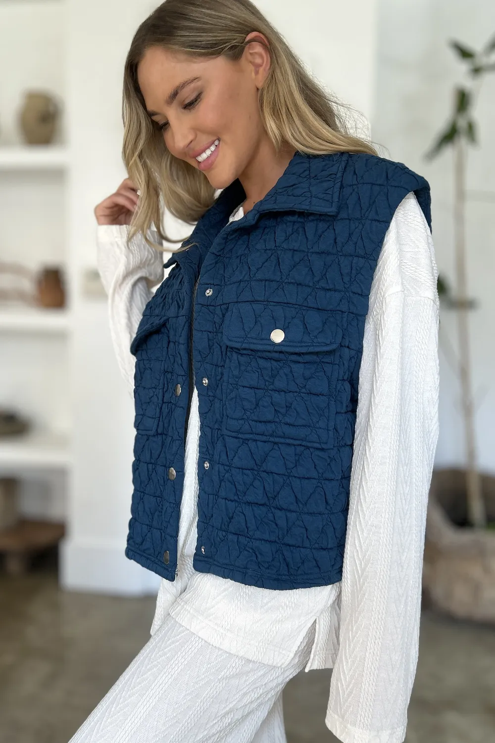 Full Size Pocketed Texture Snap Down Vest Coat, image 2