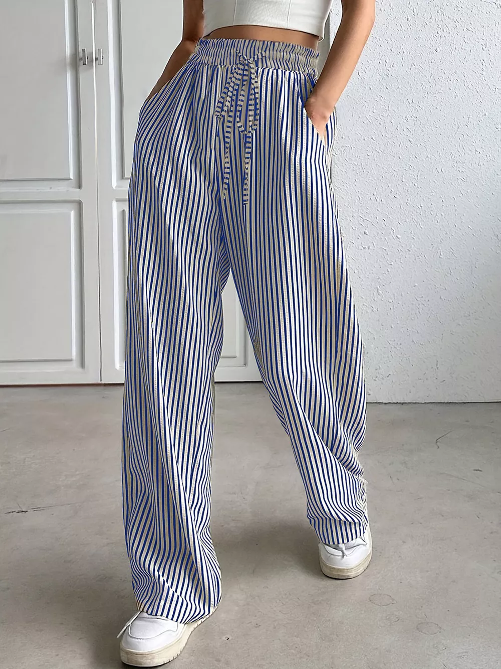 Drawstring Striped Elastic Waist Pants, image 8