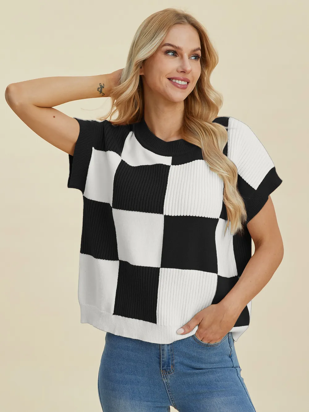 Full Size Checkered Round Neck Short Sleeve Sweater, image 6
