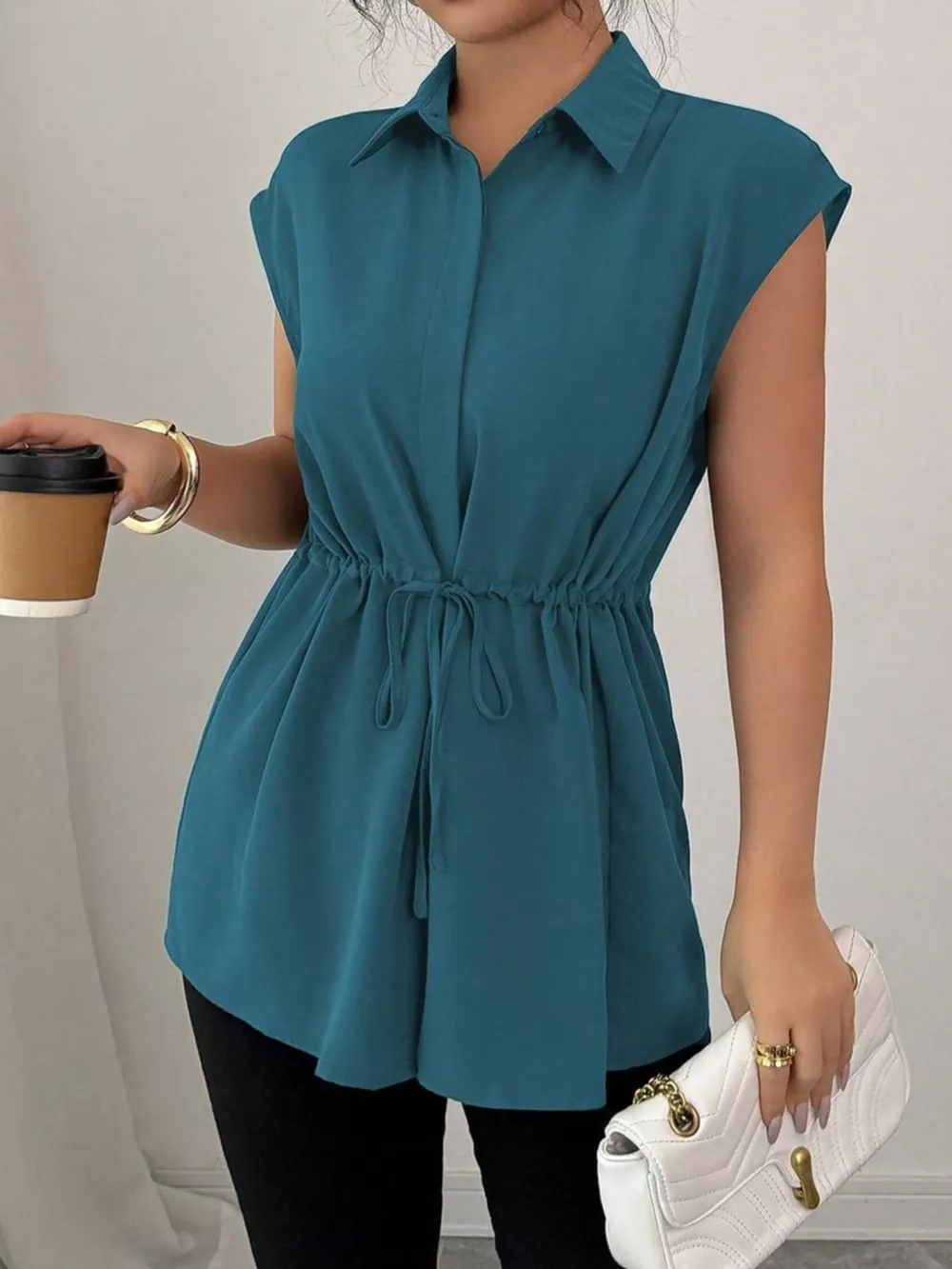 Drawstring Waist Cap Sleeve Shirt, image 4