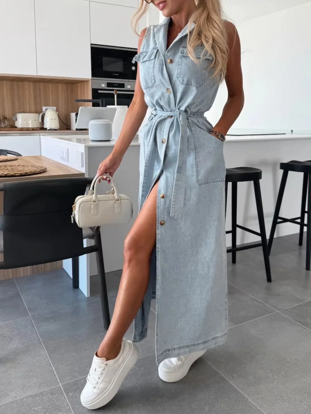 Button Front Sleeveless Denim Dress, image 3