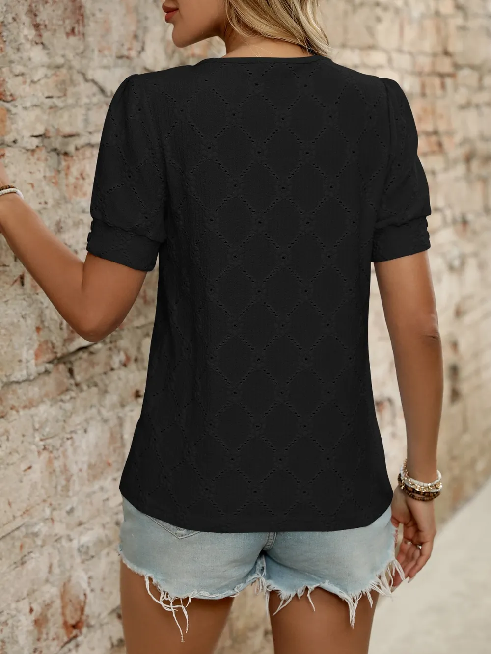 Eyelet Round Neck Short Sleeve Top, image 2