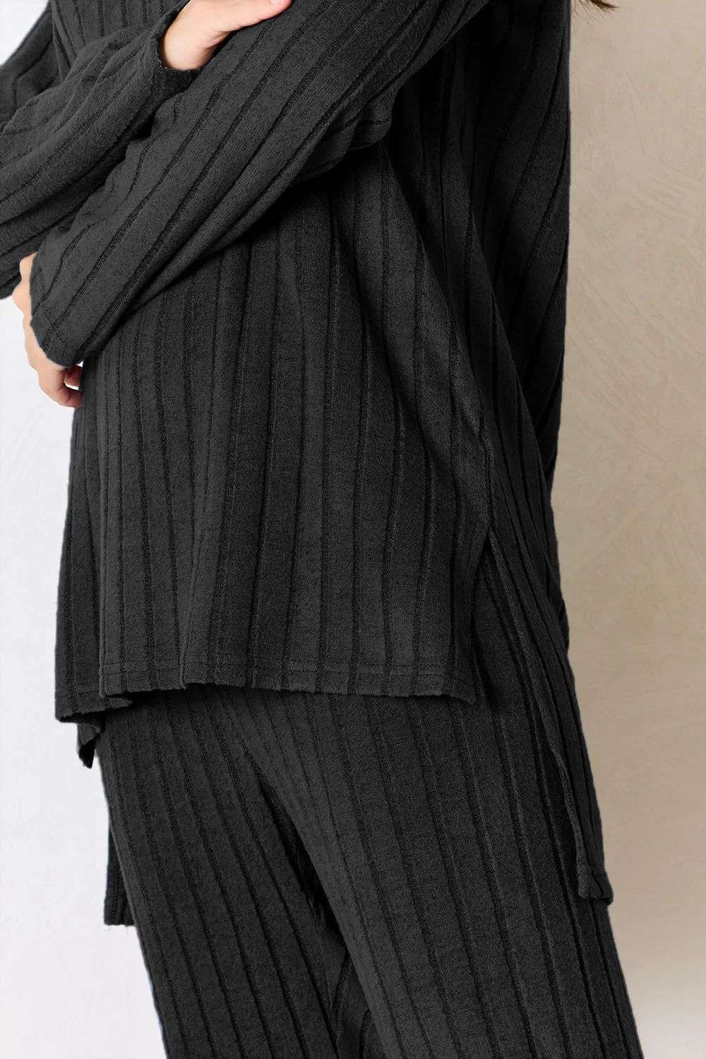 Full Size Ribbed Round Neck High-Low Slit Top and Pants Set, image 3