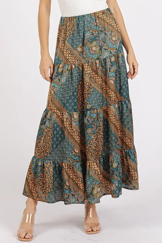 Paisley Patchwork Print Satin Maxi Skirt