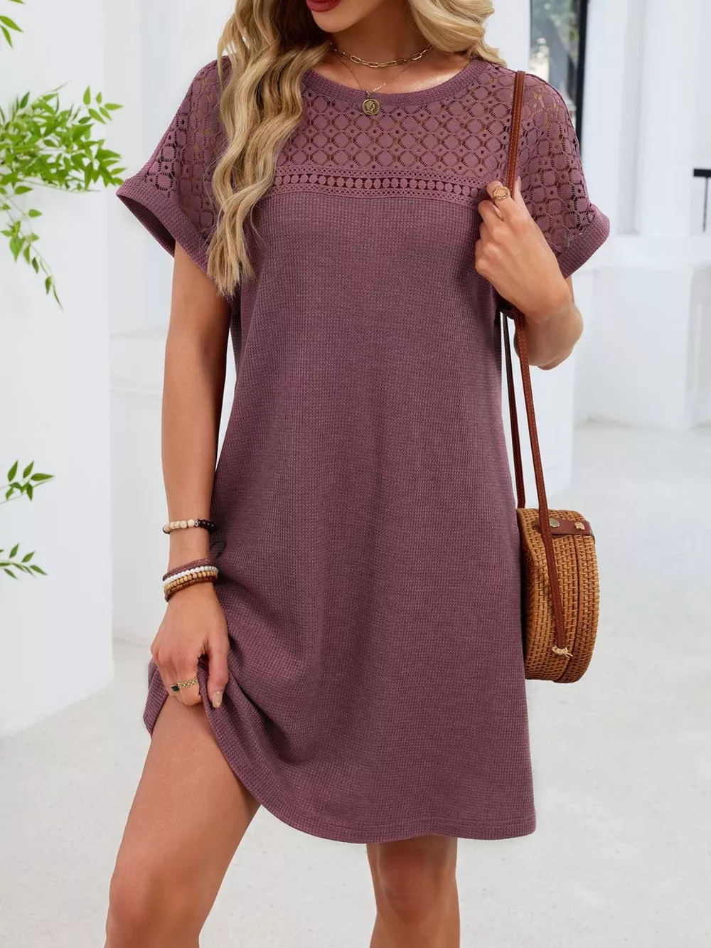 Lace Round Neck Short Sleeve T-Shirt Dress, image 4