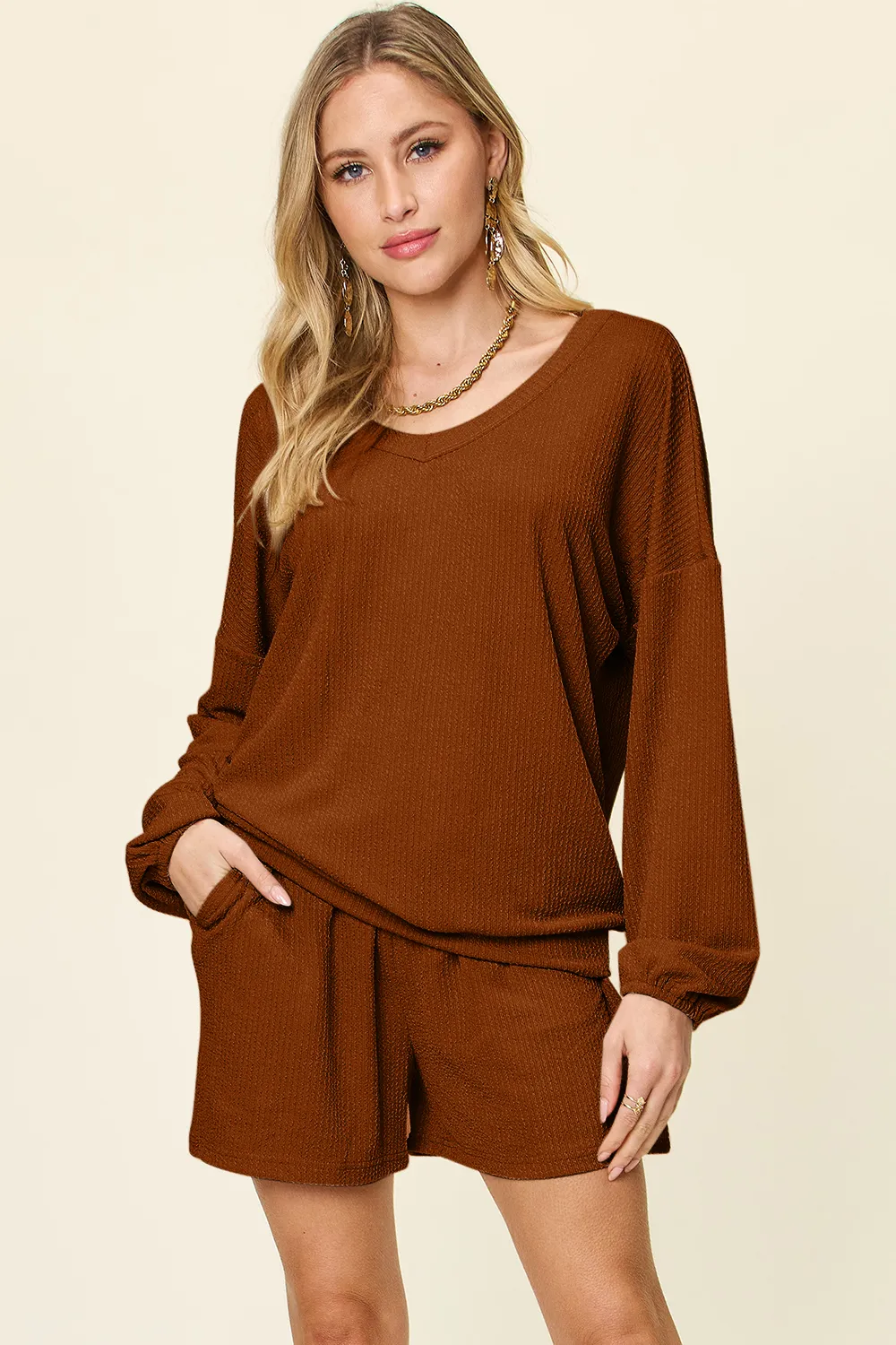 Full Size Texture V-Neck Long Sleeve T-Shirt and Shorts Set, image 3