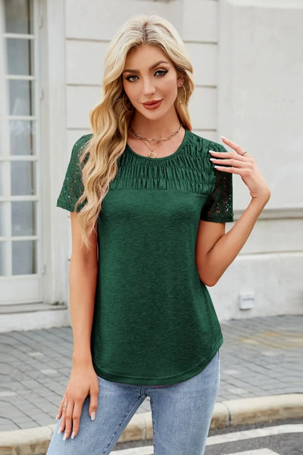 Smocked Round Neck Short Sleeve T-Shirt, image 2