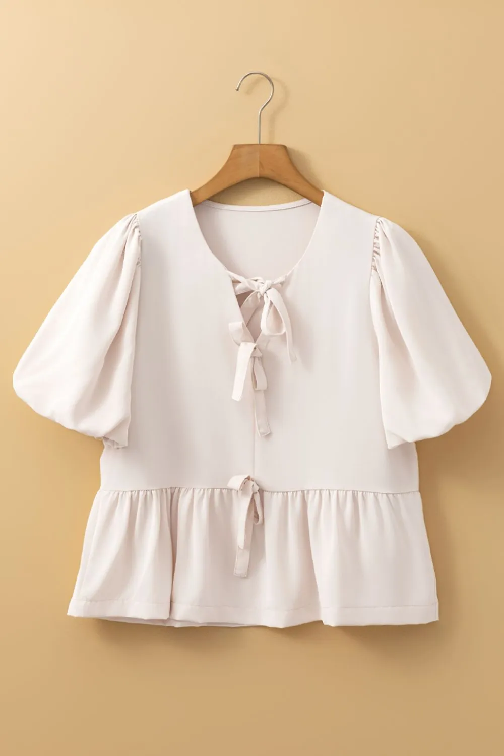Bow Tie Short Puff Sleeve Ruffle Hem Blouse, image 2
